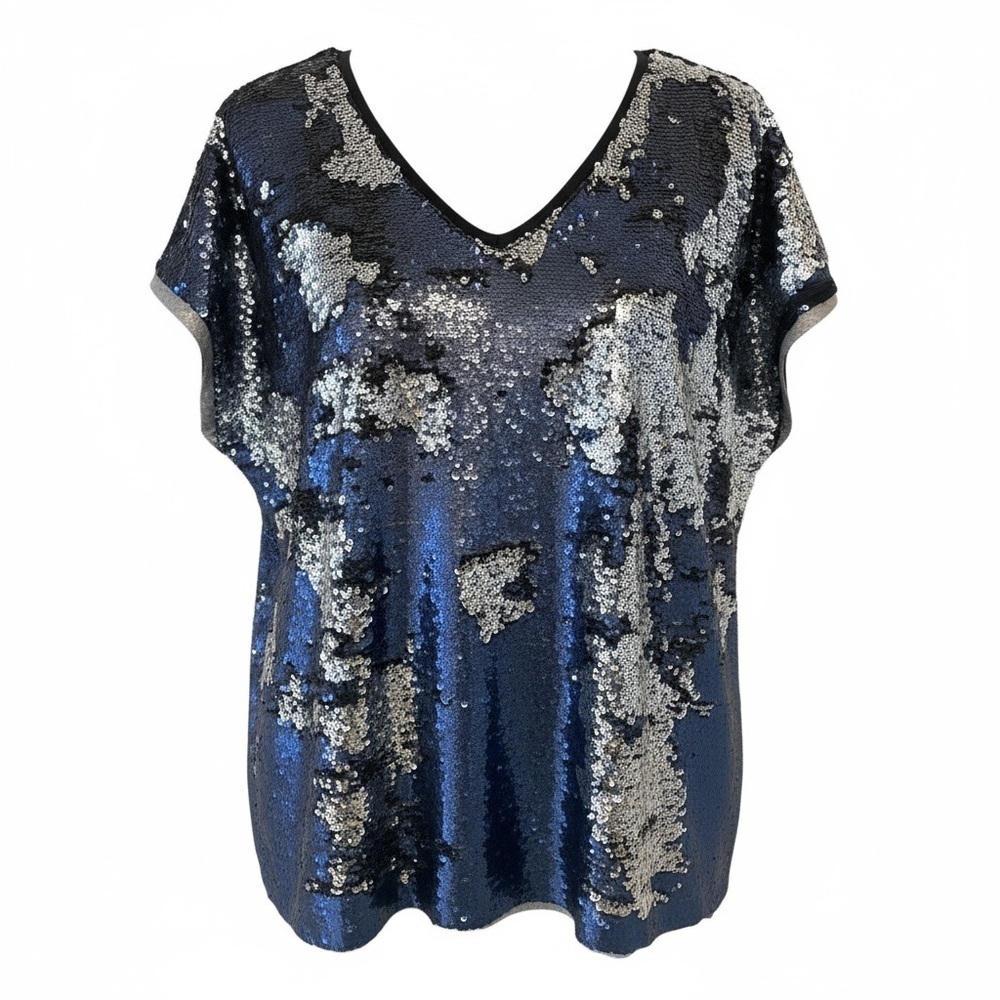 Rebel Plus Size Sequin V-Neck Top - Blue and Silver